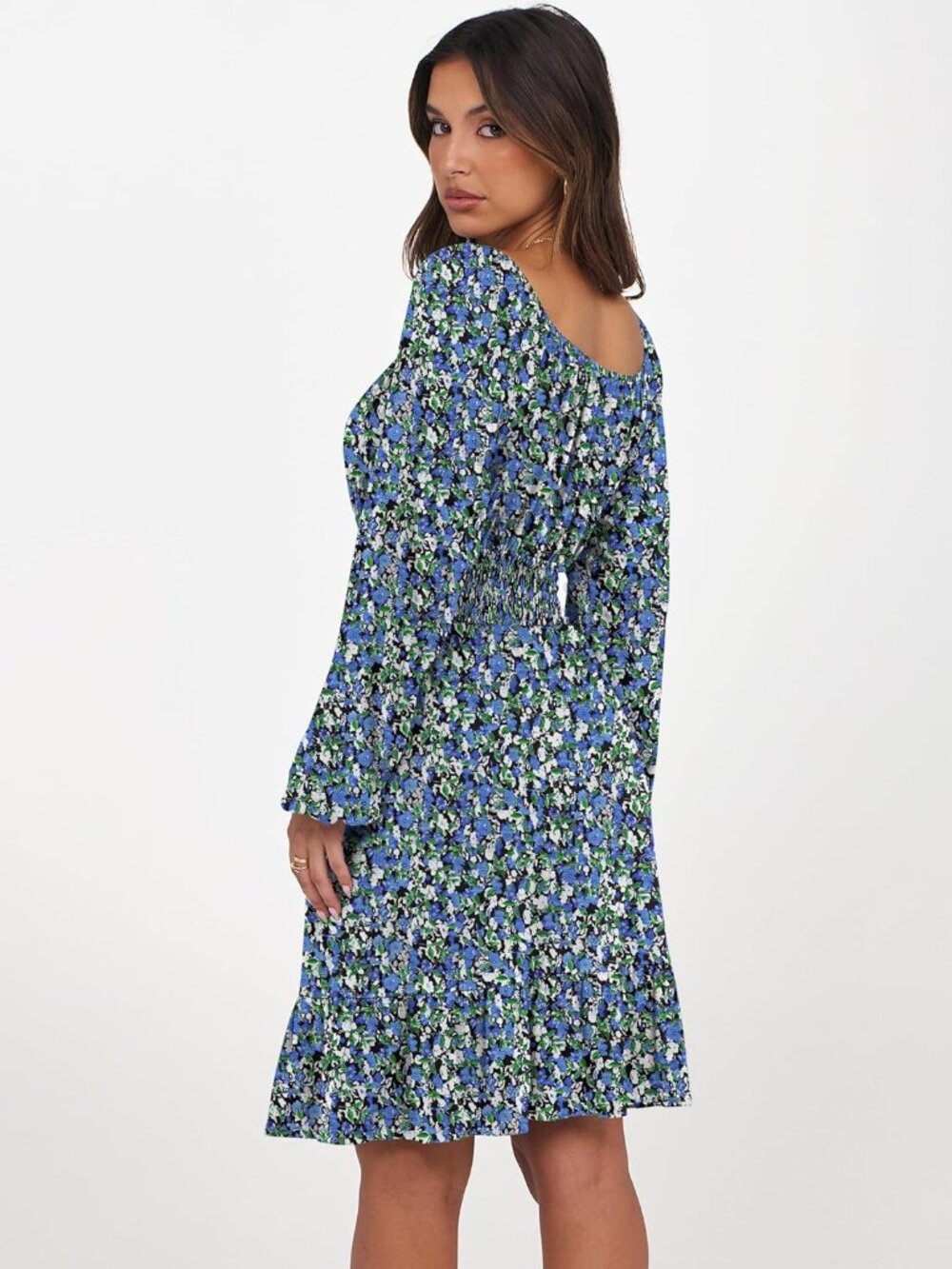 Women's Blue Black Long Lantern Sleeve Ruffle Flowy Swing A-Line Short Dress - Picture 6 of 6